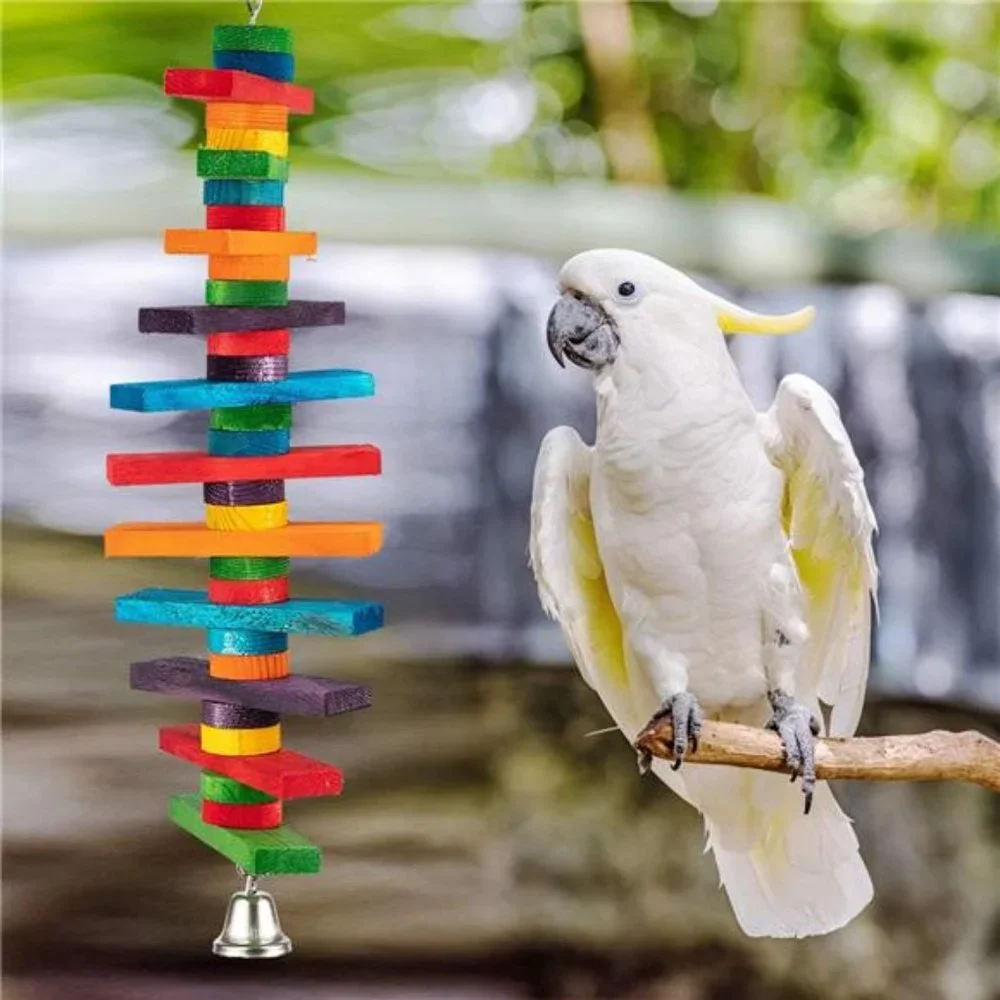 2Pcs Bird Toys -Parrot Toys with Multicolored Natural Wooden Blocks,Bird Chewing